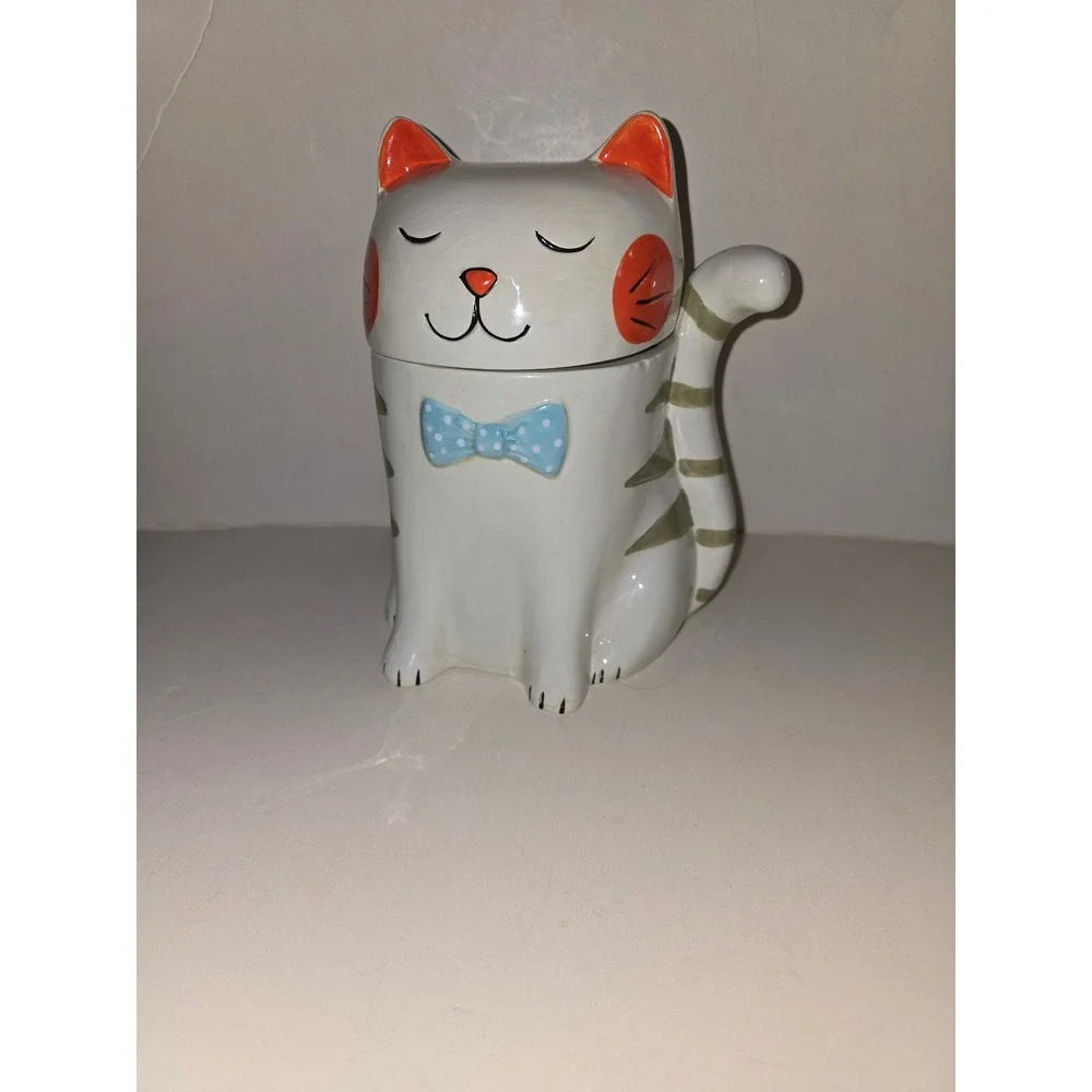 Ceramic‎ Cat Cookie Jar White with Blue Bow Tie and Orange Accents Hand Painted